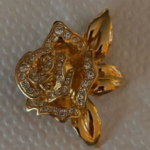Vintage Avon Glam Sparkle Rose Brooch Rhinestone Covered, Gold Tone